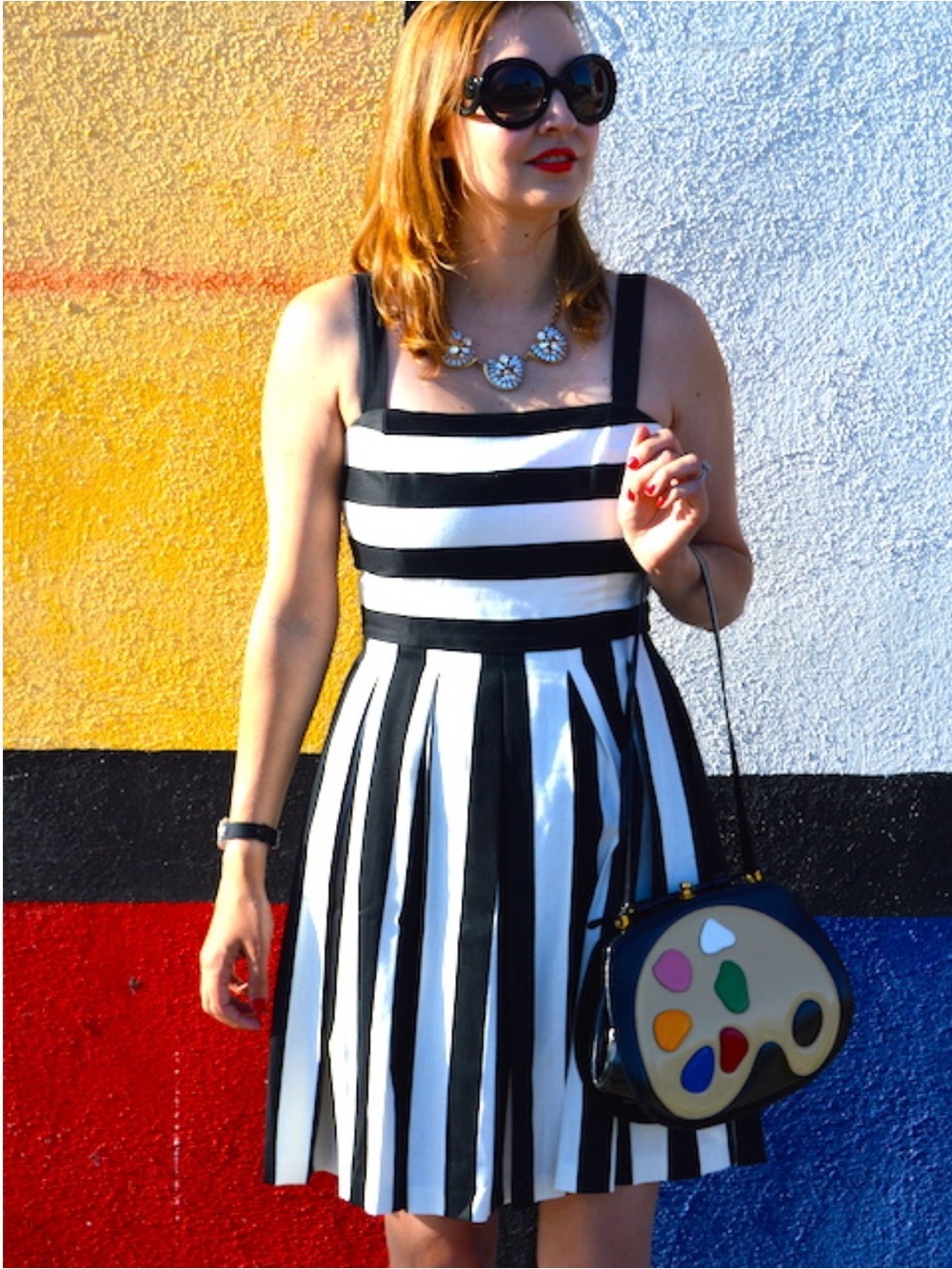 Loft Black & White Striped Square-Neck pleated Dress